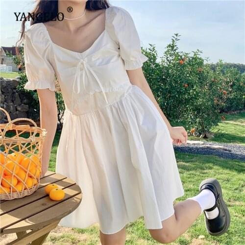 Yangelo Solid French Simple Dress Women 2021 Summer Fall Youth Sweet Girl Puff Sleeve Slash Neck Loose Casual Fashion Dress