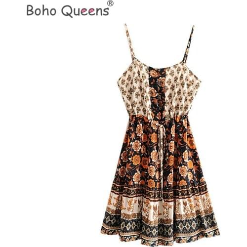 Boho Queens Women floral print sleeveless beach Bohemian Spaghetti Strap dress Ladies Summer rayon vintage mini dress vestidos