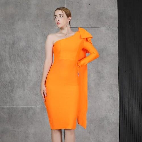 2021 New Women Clothing High Quality Orange Bownot One Shoulder Long Sleeve Elegant Bodycon Bandage Dress Party Dress