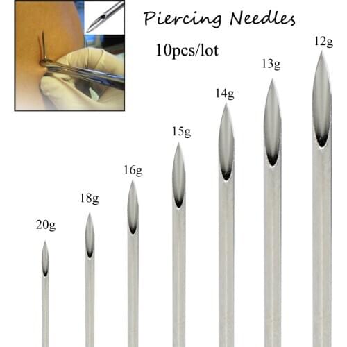 10pcs/set Disposable Tattoo 12g/14g/16g/18g/20g Piercing Needles For Navel Nipple Ear Nose Lip Tattoo Piercing Needles Kit Tool