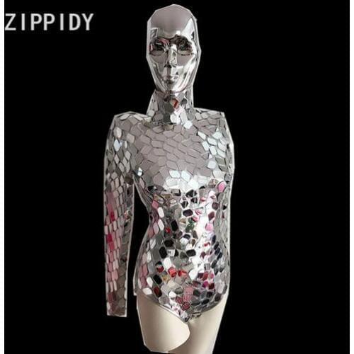 2018 Bright Silver Sequins Bodysuit Big Mirror Luxury Outfit Womens Birthday Party Celebrate Nightclub Women Singer DS Show Clo
