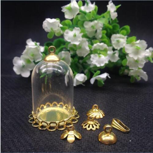 50sets/lot 30*20mm tube glass globe gold double lace base tray beads cap charm vial pendant bottle jars diy accessories