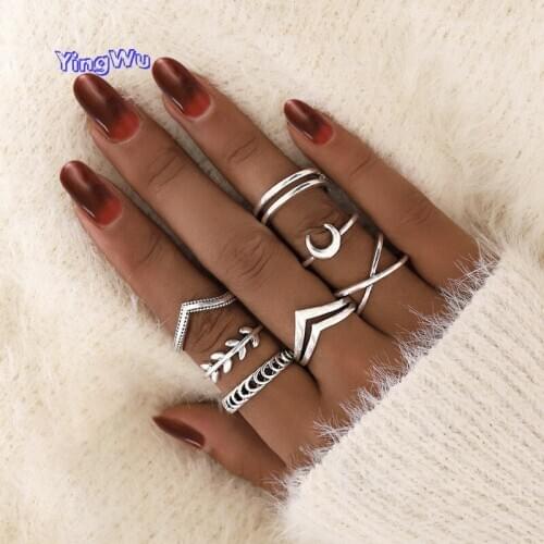 7pcs/sets Vintage Antique Silver Color Moon Rings Sets Leaf Cross Geometric Bohemian Jewelry for Women Men Wholesale