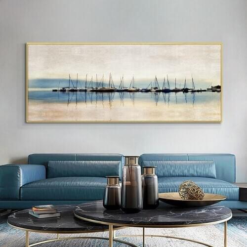 Abstract Boats On The River 100% Handpainted Oil Painting On Canvas Wall Art Acrylic Landscape Painting For Modern Home Decor