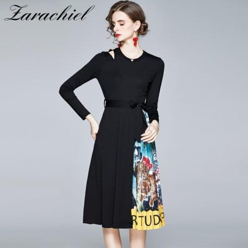 Elegant O-Neck Long Sleeve Women Dress Vintage Print Patchwork Pleated Midi Dress 2020 Autumn Female Ethnic Retro Belt Dress