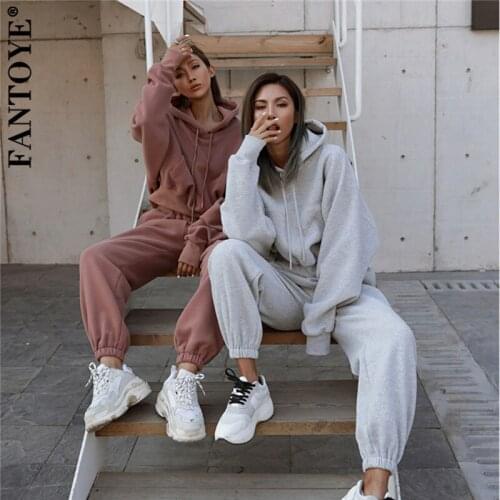 Fantoye 2021 Autumn Hooded Pullovers Women Two Piece Sets Apricot Long Sleeve Fashion Casual Women Suits Winter Loose Sportswear