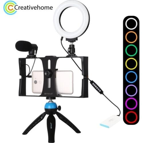 PULUZ Vlogging Live Broadcast Smartphone Video Rig 4.7 inch 12cm RGB Ring LED Selfie Light Microphone Pocket Tripod Mount Kits