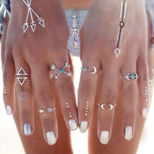 6Pcs Women Vintage Ring Set Punk Style Mood Ring Moon Arrow Ethnic Carved Antique Silver color Rings For Women