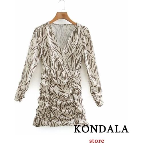 KONDALA Women Dress Za 2021 Fashion Digital Printing Deep V Drape Sexy Mini dress Mujer Vestidos