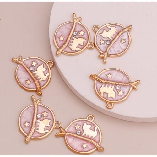 10pcs Enamel Round Animal Cat Crystal Stars Charms Pendants for DIY Bracelets & Necklaces Pink Color Handmade Finding 22x25mm