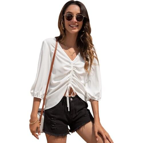 Fashion Drawstring Three Quarter Sleeve Chiffon Shirt Solid V-Neck Summer Women Blouses Plus Size Loose Casual Blusas Sexy Tops