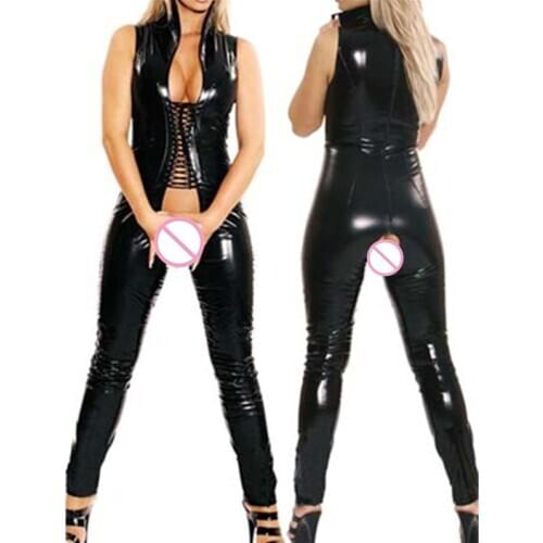 New Women Sexy Costumes Black Faux Leather Latex Catsuit Clubwear Open Crotch Bodysuit Sex Fetish Bondage Harness Costumes M7186