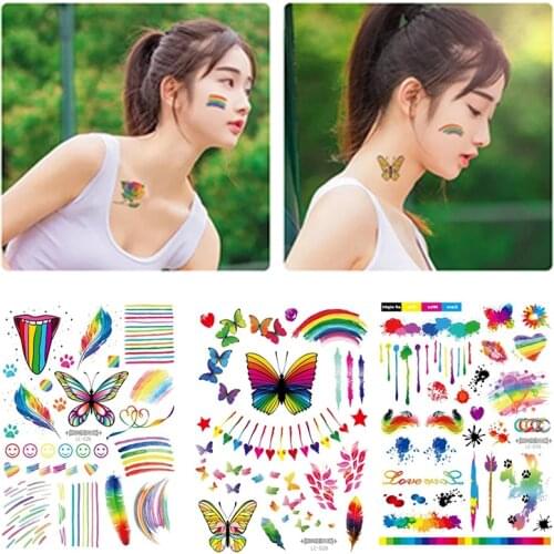 Disposable Rainbow Tattoo Stickers Environmentally Friendly Waterproof Cool Camouflage Stripes Face Stickers Love Tattoo Paper