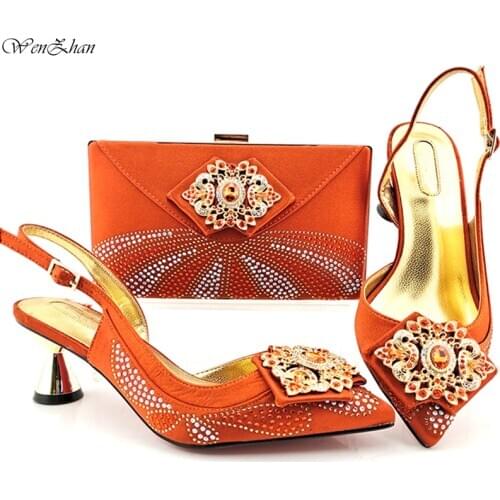 Orange Wedding Shoes And Bag Set Latest Mature Style Women Pumps Shoes And Bag Match Set Comfortable Heels 7cm WENZHAN b210-20