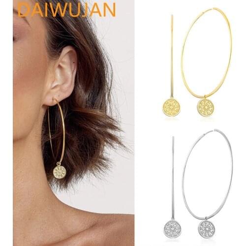 DAIWUJAN Hot All-match Big Circle Hoop Earrings Exaggerated Vintage Round Pattern Hanging Earrings For Women Silver 925 Jewelry