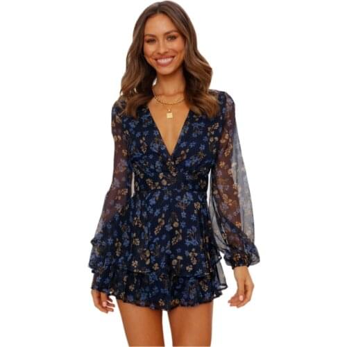 Floral Printing Women Playsuits V-neck Mesh Long Sleeve Casual Fashion Jumpsuit 2021 Summer New One Piece Sexy Party Romper S-XL
