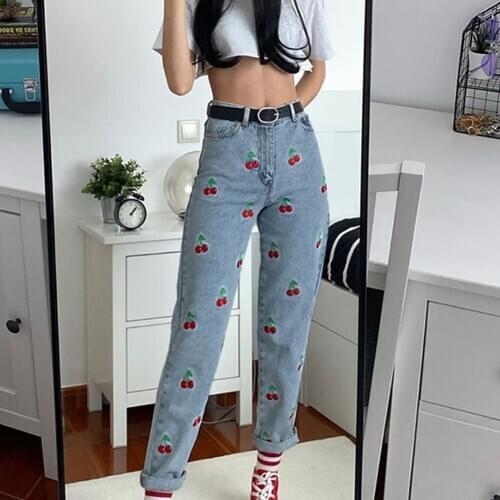 Cherry Embroidery Blue Denim Pants Women Casual Sweat High Waist Jeans Long Trousers Ladies Skinny Pocket Joggers Streetwear 90s