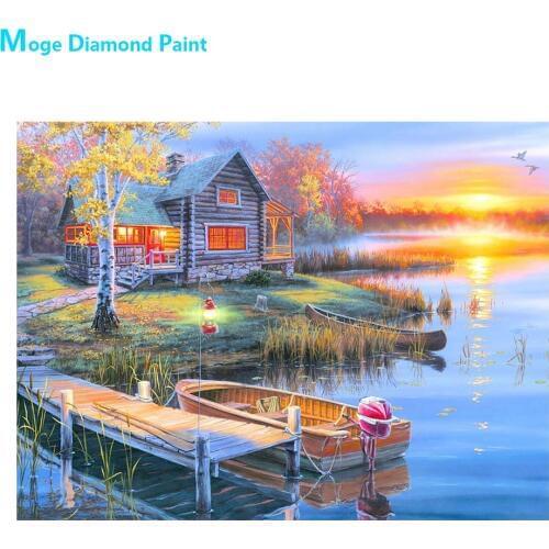 Countryside Lakeside Wooden House Boat Diamond Painting Scenic Round Full Drill DIY Mosaic Embroidery 5D Cross Stitch Landscape