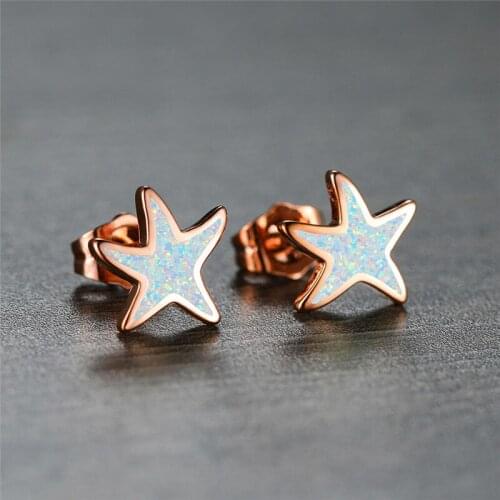 Boho Female White Opal Stone Earrings Vintage Rose Gold Color Wedding Earrings Cute Bridal Small Star Stud Earrings For Women