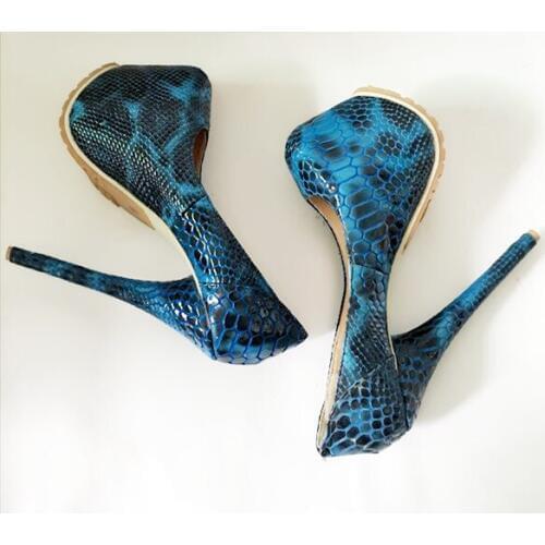 Sestito New Ladies Sexy Blue Snakeskin Print Thigh High Heels Dress Runway Shoes Women Slip-on Pumps Girls Thick Platform Shoes