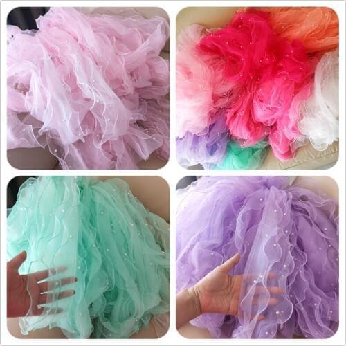 3Yard 13CM Wide Luxury Tulle Chiffon Lace Fabric Beaded Organza Ruffle Trim Ribbon Edge Wedding Dress Collar Applique DIY Sewing