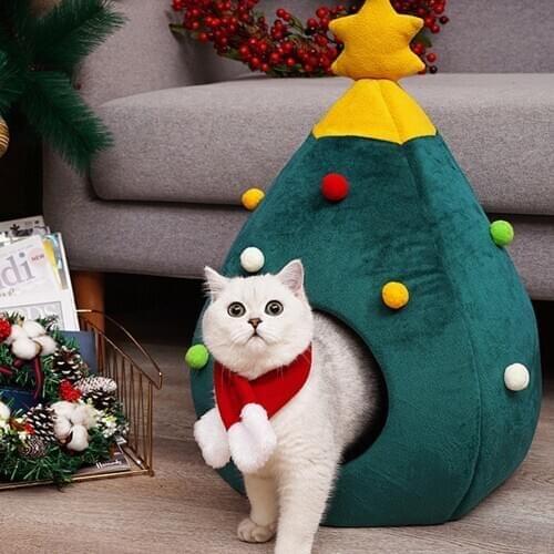 Cute Christmas Tree Shape Cat Dog House Soft Cozy Foldable Winter Warm Washable Kitty Cave Animals Puppy Sleeping Mat Bed