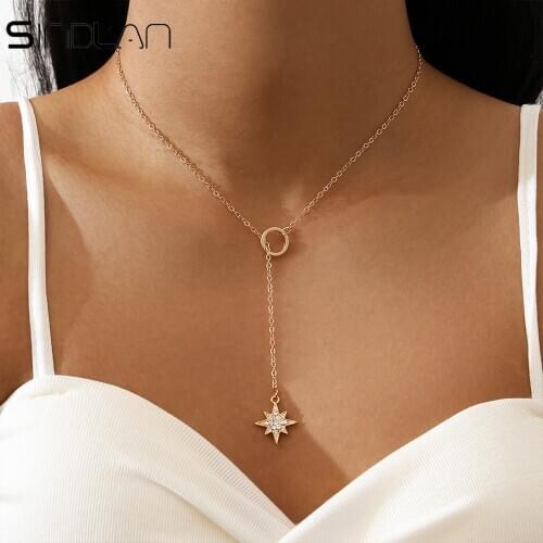 Sindlan Simple Crystal Star Pendant Long Necklace for Women Charm Boho Geometric Female Neck Fashion Jewelry