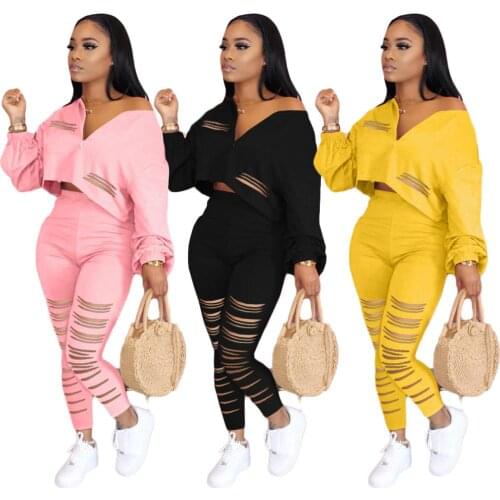 Adogirl Fashion Solid Women Set Hole Hollow Out Tracksuits Long Sleeve Zipper Top Jogger Pants Draped Two Pieces Set Outfits