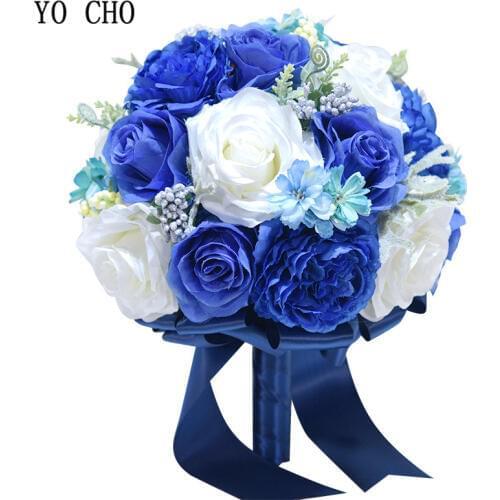 YO CHO Wedding Bouquet Royal Blue Artificial Roses Peonies Silk Flowers Wedding Bridal Bouquets Bridesmaids Mariage Accessories