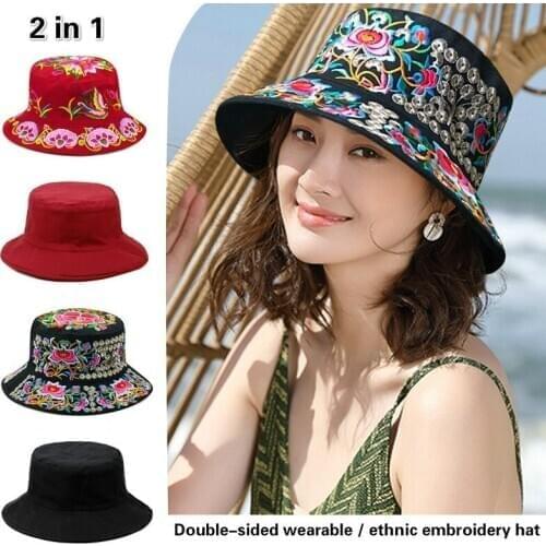 Ethnic Style Embroidery Ladies Bucket Hat Four Seasons Sunshade Hat Outdoor Beach Hat Breathable Casual Flat Hat
