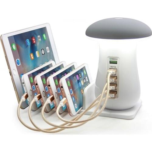 QC3.0 Fast Charger Station for Multi Device with 5 USB Charger Ports, 6 in 1 USB Charging Stand LED Desk Lamp for Phone Tablet
