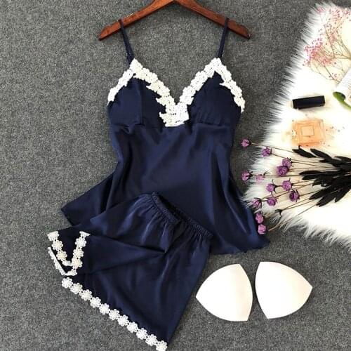 Two Piece 2018 Women Summer Pajamas Sexy Silk Satin Pajama Set Ladies Sleeveless Lace Pijama Set Sleepwear Tank+Shorts Set AB857