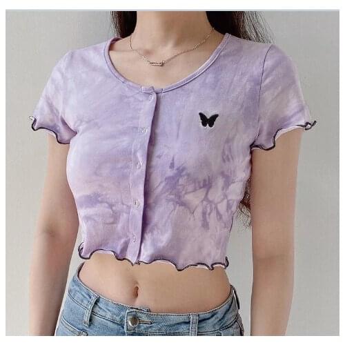 Women Sexy Short Sleeve Round Neck Tie-dye Frill Short Crop Tops Slim Button Cardigan Casual T Shirt Butterfly Top