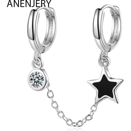 ANENJERY 925 Sterling Silver Double Ear Hole Hoop Earring Zircon Glaze Star Tassel Chain Earrings For Women S-E1056