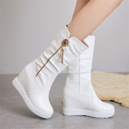 2021 PU Leather Long Boots Women fashion Ladies Wedge platform Solid Zipper High Heel Winter Boots Women zapatos de mujer