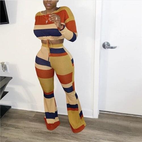 FUFUCAILLM Striped Women’ s Set 2 Pieces/Set Sexy O-neck Long Sleeve Crop Tops + High Waist Long Flared Pants Slim Fashion Suit