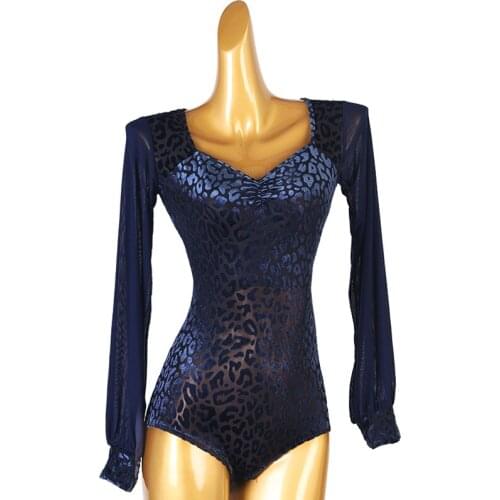 Latin Dance Clothing For Women Adult/Kids Long Sleeve Navy Blue Leopard Practice Jumpsuit Samba Stage Tops Custom Made DQL6091