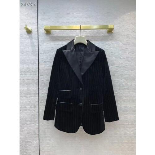 HIGH STREET Newest 2021 Runway Designer Blazer Womens Striped Print Single Breasted Slim Velvet Black Blazer Jacket