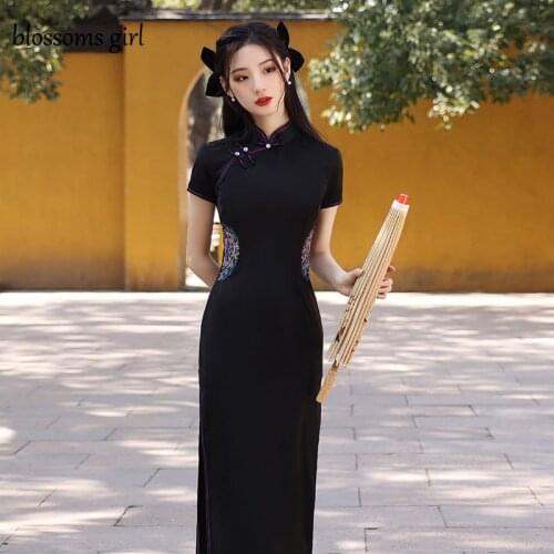 Cheongsam Vintage Black Dress Women High-end Daily Gothic Style Qipao Short Sleeve Party New Year Clothes Harajuku Vestido