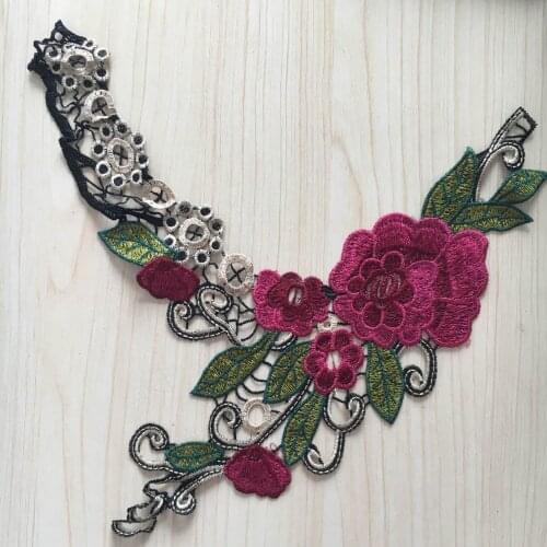 1 Piece Colorful Venise Lace Patches Roseo Rose Flower Embroidery Decorated Sewing Neckline Collar Applique Trims For Dress
