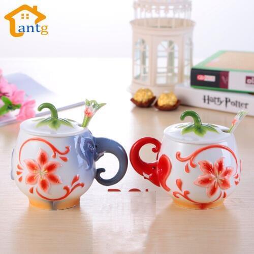 2017 Chinese Style Enamel Porcelain Coffee Cup Elephant model Mug Breakfast milk cup Drinkware Couples Cup with a spoon for gif