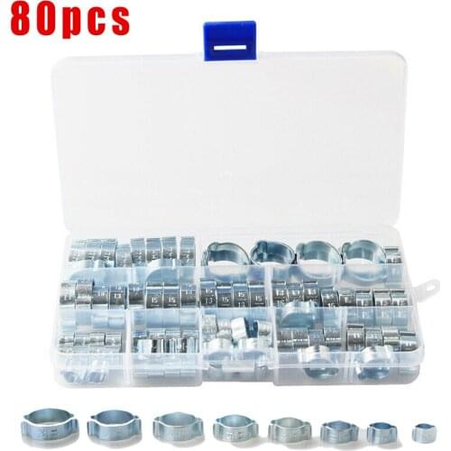 80pcs Double Ear Hose Clamps Fuel Pipe Water Tube 5-20mm Zinc Plated Crimp