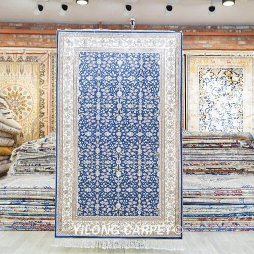 Yilong 3'x5' Oriental cashmere silk carpet blue handmade small egyptian rugs (HF269B)