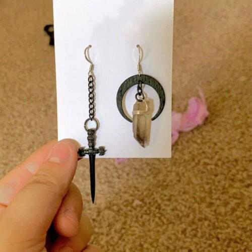 1 Pair Smokey Quartz Crystal Moon and Sword Asymmetric Dangle Earrings, Celestial Jewelry