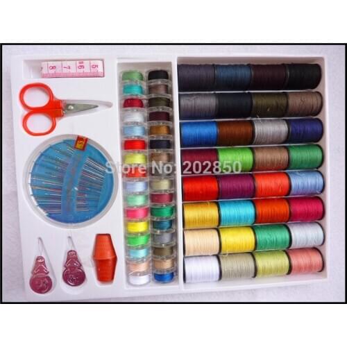 Free shipping pack of 64 rolls different colour thread and a case needles pack,a threader,one disconnector,one ruler,one scissor