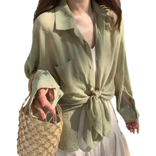 Women Shirt Summer fashion Long Sleeve Turn Down Collar Pocket Buttons Thin Anti Sun Shirt Blouse Womens Clothing 2021