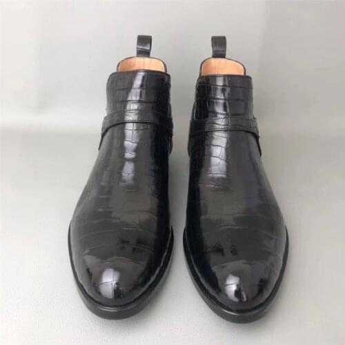 Authentic Real Crocodile Skin Men Black Chelsea Boots High Quality Low-heeled Genuine Alligator Leather Male Winter Ankle Boots