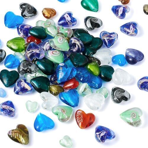 100Pcs Handmade Foil Lampwork Glass Heart Beads 12-20x12-21mm Random Mixed Colors Love Heart Sweet Heart Charm Bead