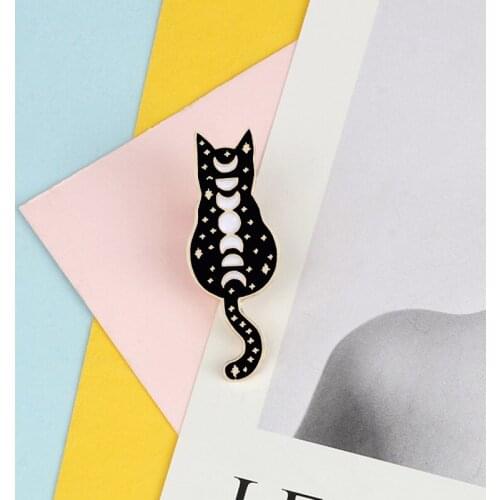 Black Witch Cats Enamel Pin Custom Moon Phase Cartoon Wizard Cat Brooch Bag Jackets Shirt Lapel Pins Badge Jewelry Gift for Kids