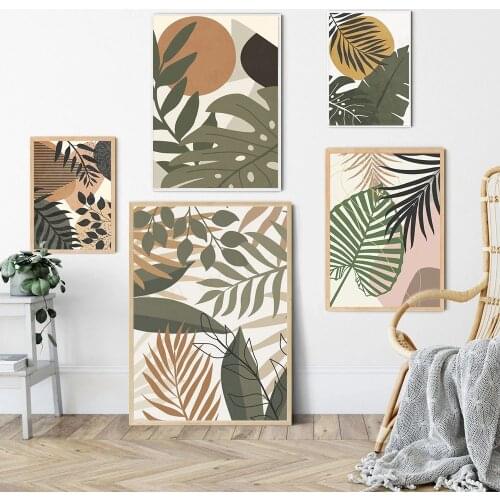 Geometry Circle Green Plants Leaves Poster Abstract Modern Wall Art Print Brown Canvas Painting Wall Pictures Living Room Decor